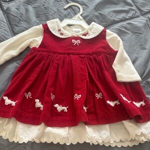 Red Corduroy Puppy Embroidered Baby Dress with White Underskirt